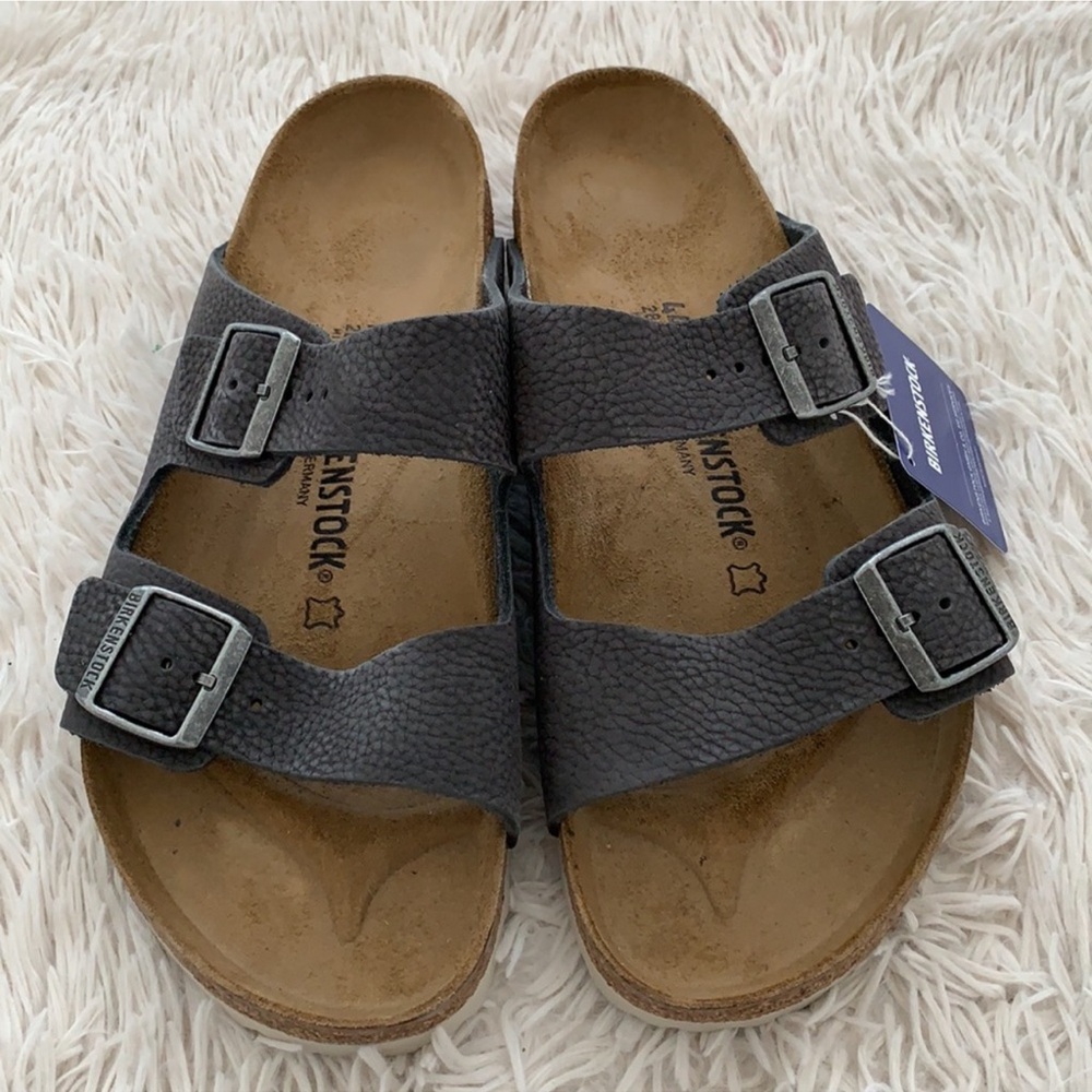 Birkenstock Two-Strap Slide Sandals in Dark Gray with Brown Footbed